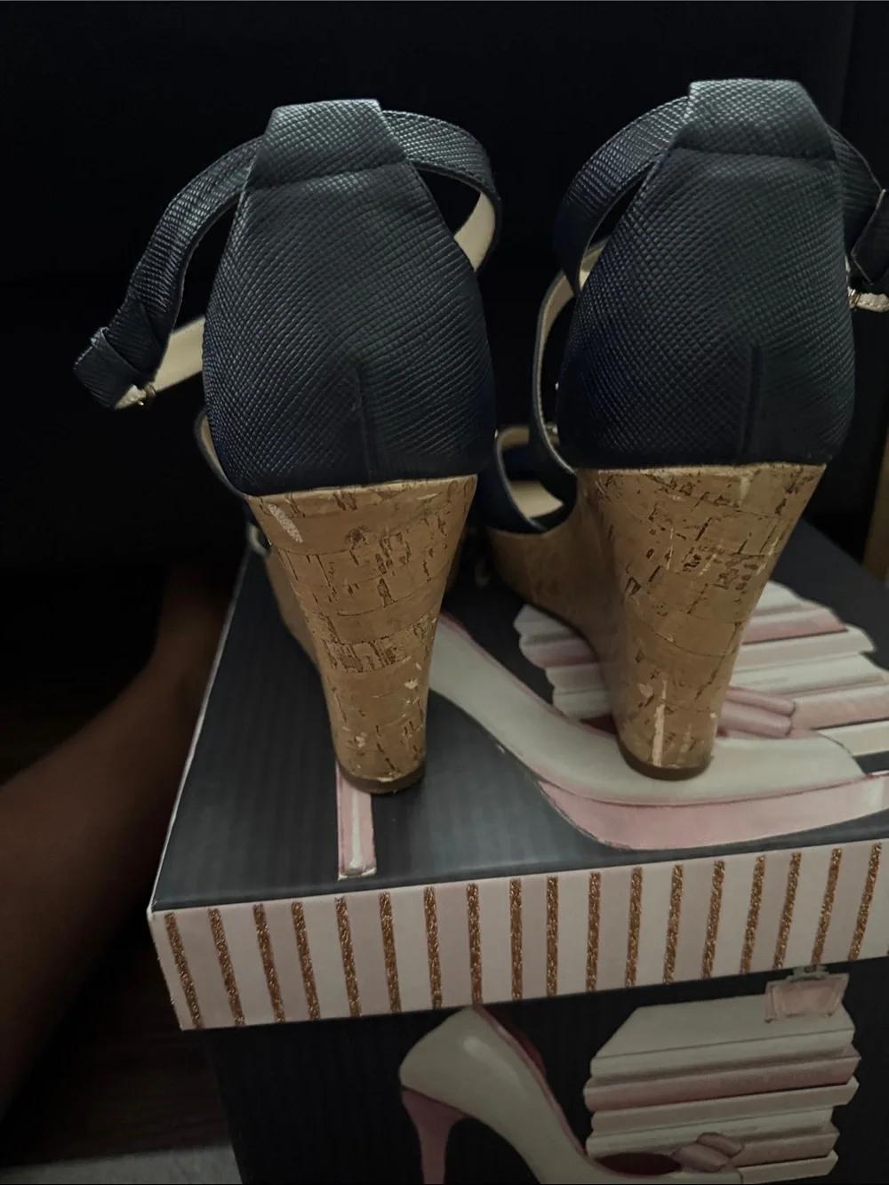Marc Fisher Navy Crisscross Wedge Sandals with Gold Medallion